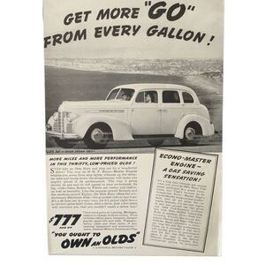 Vintage 1939 Olds More Go from Every Gallon Ad Advertisement
